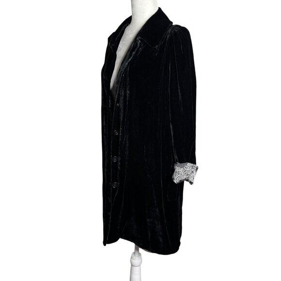 Lily Black Silk Velour Velvet Button Up Duster Coat Medium Floral Lined Pockets - Picture 4 of 8